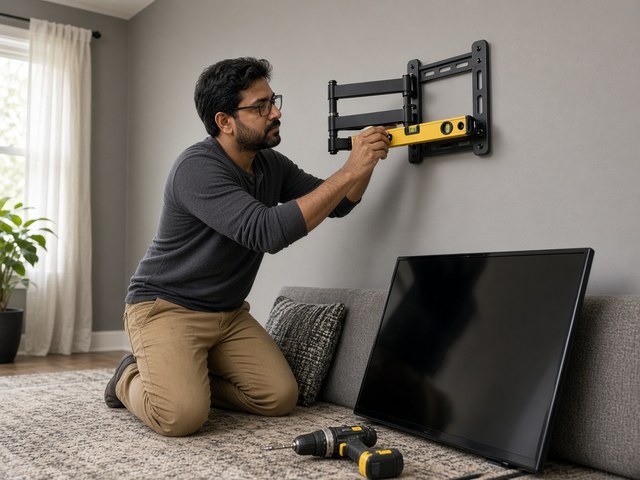 Technician mounting a TV on a living room wall